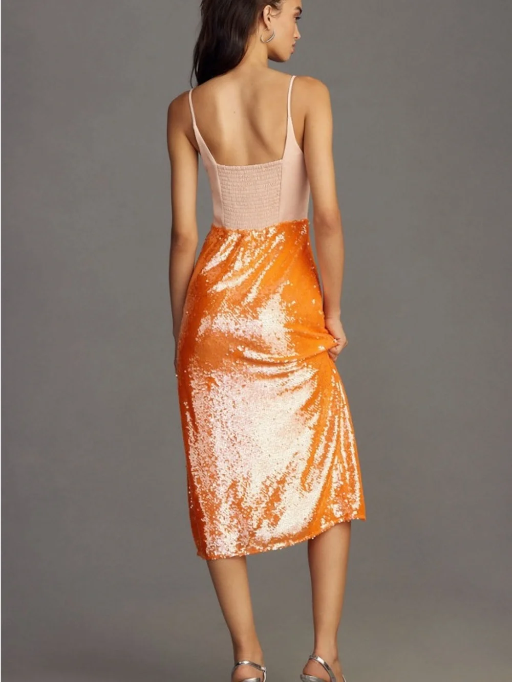 Anthropologie Orange Sequin Midi Skirt with Side Slit - Picture 2 of 10